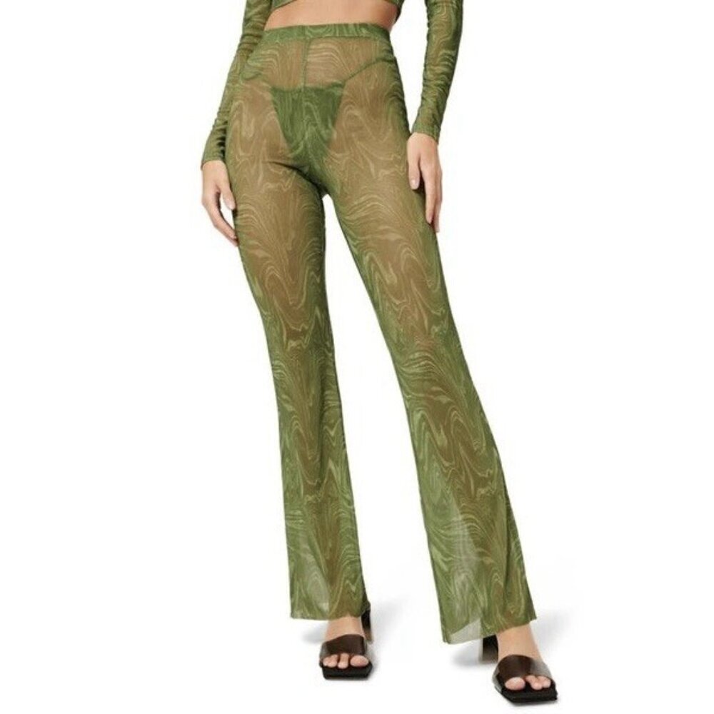 Good American Mesh Bootcut Swim Cover Up Pant Size 1 Retro Green Pesto Swirl NWT